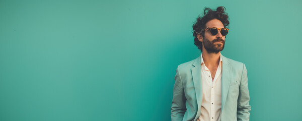 successful man with suit and sunglasses, confident entrepreneur in studio