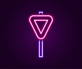 Poster - Glowing neon line Road traffic sign. Signpost icon isolated on black background. Pointer symbol. Street information sign. Direction sign. Colorful outline concept. Vector