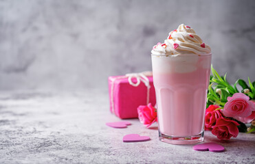 Wall Mural - Hot white chocolate cocktail for Valentine's day holidays on a grey background