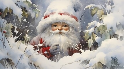 Poster -  a painting of a santa clause standing in the snow with his hands in his pockets and his face covered in snow.