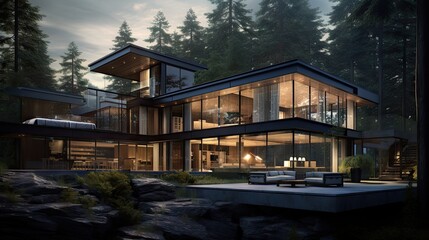 Poster -  a large house sitting on top of a lush green forest next to a forest filled with lots of tall trees.