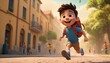 3D Cartoon character of happy student running with copy space