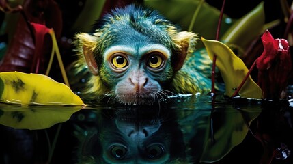 Poster -  a close up of a monkey in a body of water with a plant in the background and a banana in the foreground.