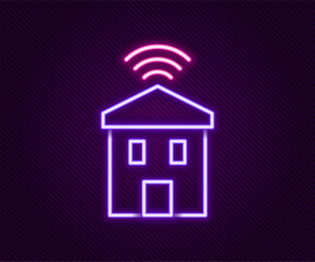 Poster - Glowing neon line Smart home with wi-fi icon isolated on black background. Remote control. Colorful outline concept. Vector