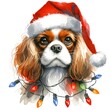 Christmas cavalier in santa hat wrapped in christmas lights created with Generative AI technology