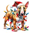 Christmas bull terrier in santa hat wrapped in christmas lights created with Generative AI technology