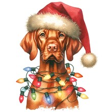 Christmas Vizsla In Santa Hat Wrapped In Christmas Lights Created With Generative AI Technology