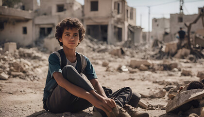 Portrait of a boy sitting on the ruins of the old city.