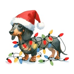 Poster - Christmas dachshundd in santa hat wrapped in christmas lights created with Generative AI technology