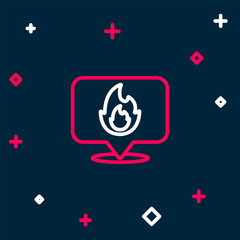 Sticker - Line Map pointer with fire flame icon isolated on blue background. Fire nearby. Colorful outline concept. Vector