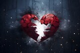 Fototapeta  - Broken red heart 3d design, exploded shattered into pieces, isolated on dramatic tragic dark black background, raining, crackles, realistic, breakup concept with copy space 