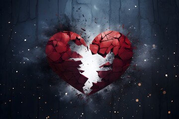 Broken red heart 3d design, exploded shattered into pieces, isolated on dramatic tragic dark black background, raining, crackles, realistic, breakup concept with copy space 