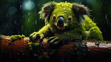 A Close Up Of A Koala On A Tree Branch In The Rain With Rain Drops Falling Down On It.