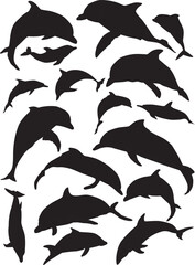 Wall Mural - seventeen silhouettes of dolphins isolated on white