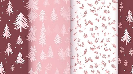 Sticker -  a set of four pink and white christmas trees and snowflakes on a red and white background with snowflakes.