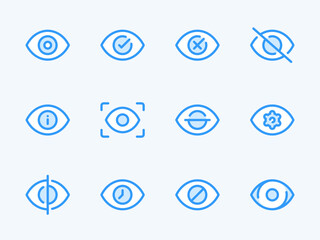 Poster - Eye Scan and Retina vector line icons. View and Eye Recognition outline icon set. Scanning, Hide, Blocked, Show, Settings, Information and more.