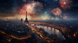 new years eve with fireworks over Paris: City skyline with the Eiffel tower, river Seine and fireworks