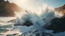 Dramatic Crashing Wave Against Rugged Rocky Shoreline. Ocean Storm Cresting Surf. Relentless Power Of The Sea At Sunset. 