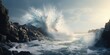 Dramatic crashing wave against rugged rocky shoreline. Ocean storm cresting surf. Relentless power of the sea at sunset. 