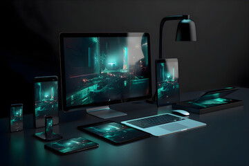 Wall Mural - computer. tablet. smartphone and table lamp in dark room 3d rendering