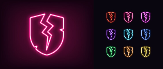 Poster - Outline neon cracked shield icon set. Glowing neon broken shield, protection hack, damage system security. Hacking attempt, cyber attack, data guard destroy. Weak security, bad safety. Vector icon set