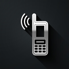 Poster - Silver Smartphone with free wi-fi wireless connection icon isolated on black background. Wireless technology, wi-fi connection, wireless network. Long shadow style. Vector