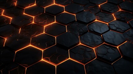 a black and orange background with glowing hexagons