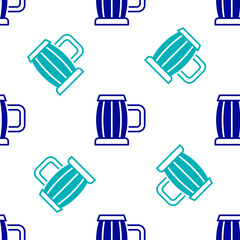 Poster - Blue Wooden beer mug icon isolated seamless pattern on white background. Vector