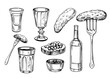 Vodka vector set, sketch illustration of alcohol drink, black outline