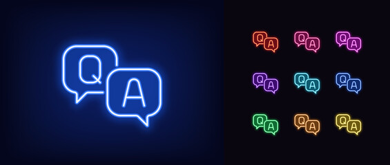 Poster - Outline neon Q&A icon. Glowing neon Questions and Answers sign with speech bubble, business FAQ. Expert help and client assistance service, customer support chat. Advice and solutions. Vector icon set