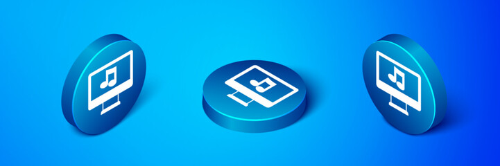 Sticker - Isometric Computer with music note symbol on screen icon isolated on blue background. Blue circle button. Vector