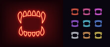 Outline Neon Fangs Icon Set. Glowing Neon Monster Teeth With Sharp Fangs. Scary Vampire Teeth, Dracula Fangs, Beast Jaw And Spooky Grin, Angry Monster Mouth. Horror, Fear And Nightmare. Vector Icons