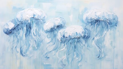 Poster -  a painting of a group of jellyfish floating in the water with blue and white paint on it's walls.