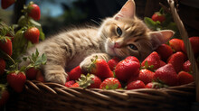 A Cute Kitten Resting In A Basket Of Strawberries