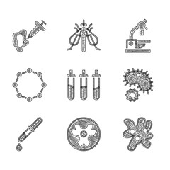 Sticker - Set Reagent bottle, Biohazard symbol, Cell, Virus, Pipette, Chemical formula, Microscope and Syringe icon. Vector