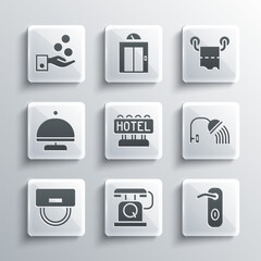 Poster - Set Telephone handset, Door handle, Shower head, Signboard with text Hotel, Bellboy hat, Covered tray, Paying tips and Toilet paper roll icon. Vector