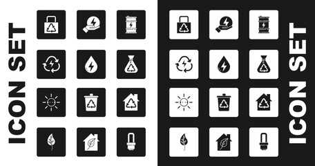 Wall Mural - Set Bio fuel barrel, Water energy, Battery with recycle, Paper bag, Garbage, Lightning bolt, Eco House recycling and Solar panel icon. Vector