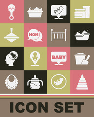 Poster - Set Pyramid toy, Sand in bucket with shovel, Baby bathtub, Speech bubble mom, Whirligig, Rattle baby and crib cradle icon. Vector