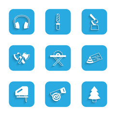 Poster - Set Electric circular saw, Hand and log, Christmas tree, Wooden beam, jigsaw, axe, in stump and Headphones icon. Vector