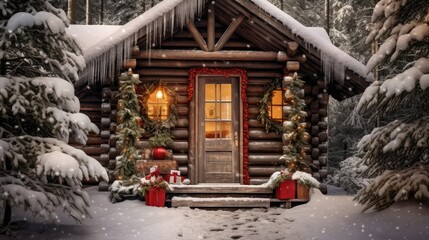 Poster -  a log cabin decorated for christmas with a christmas tree and presents in front of the door and snow on the ground.