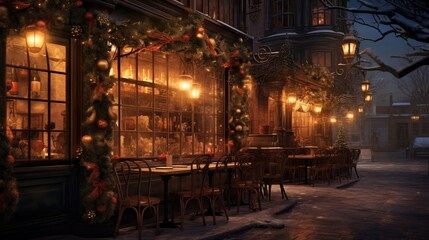 Poster -  a night time scene of a restaurant with christmas decorations on the windows and tables and chairs in front of the windows.