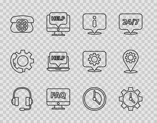 Poster - Set line Headphones, Time Management, Information, Computer monitor and FAQ, Telephone, Laptop help, and Location with gear icon. Vector