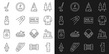 Set Line Birch Tree, Oil Pump Or Pump Jack, Kosovorotka, The Tsar Bell, Satellite, Russian Doll Matryoshka, Ice Hockey Stick And Puck And Made In Icon. Vector