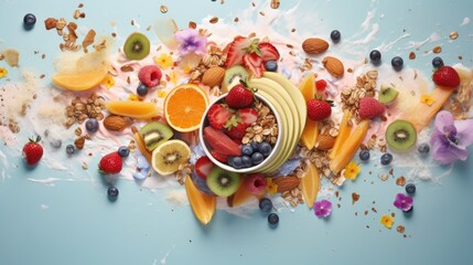 Wall Mural -  a mixture of fruit, cereal, nuts, yogurt, and other things on top of a blue surface.