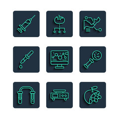 Wall Mural - Set line Test tube and flask, Electronic scales, Biological structure, Prosthesis hand, Genetic engineering modification, Pipette, Syringe and Microorganisms under magnifier icon. Vector