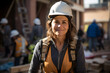 A smirking middle aged or older woman wearing a construction hard hat and work vest is working on a construction site,