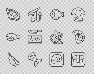 Canvas Print - Set line Fishing harpoon, Sushi cutting board, tail, Mussel, Cutting and knife, Octopus plate and Shrimp icon. Vector