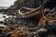 An Abandoned, Weather-beaten Wooden Boat Lying Among Jagged Rocks And Tide Pools
