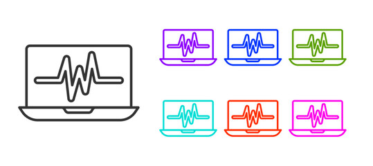 Poster - Black line Laptop with cardiogram icon isolated on white background. Monitoring icon. ECG monitor with heart beat hand drawn. Set icons colorful. Vector