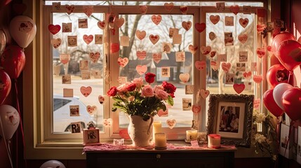 Sticker -  a vase of roses sitting on a table next to a window with valentine's day cards attached to it.